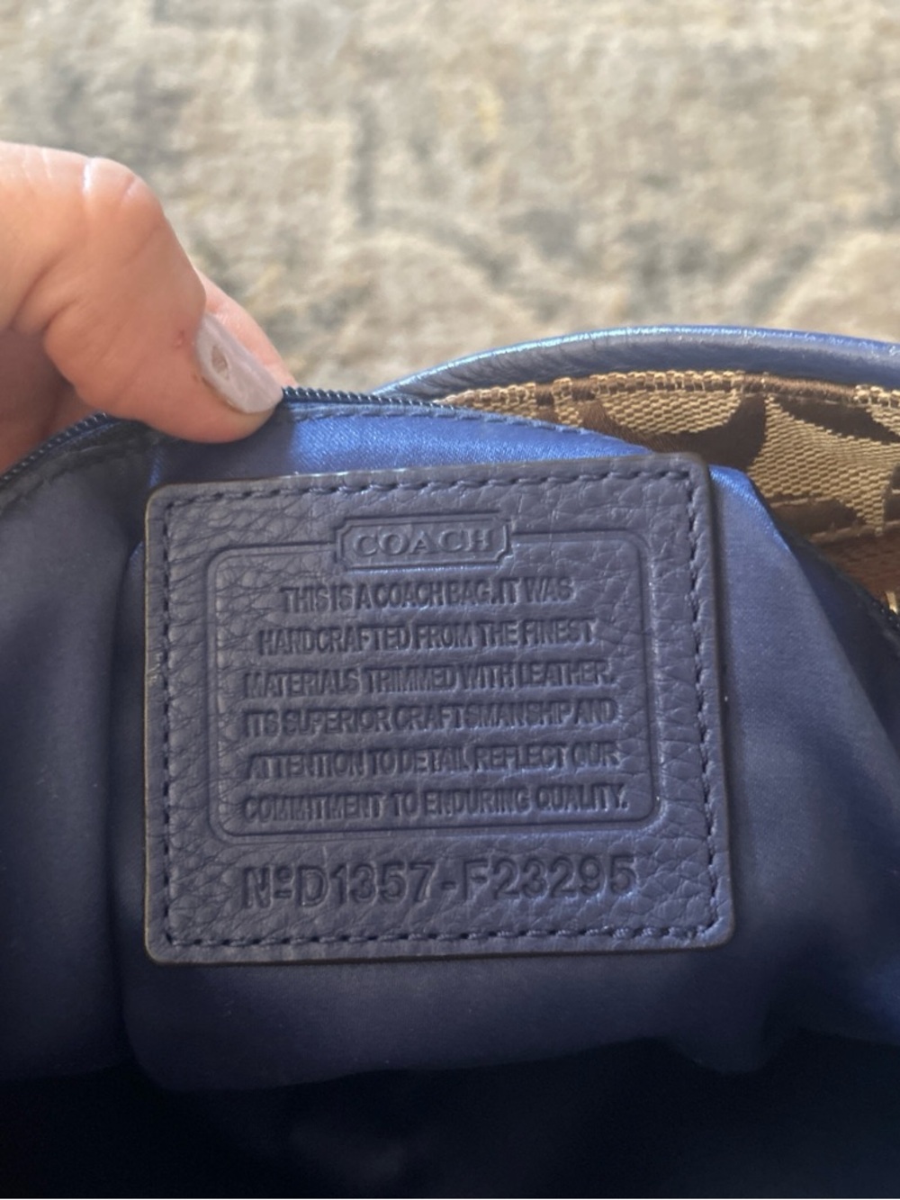 Coach Khaki Signature Canvas Tote with Navy Trim - Picture 3 of 4